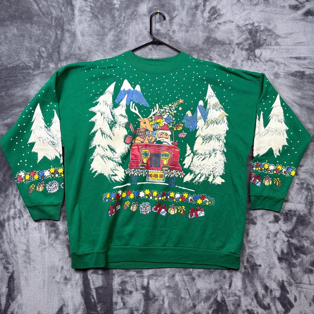 Holiday Time Sweatshirt Womens 24W Green Santa Reindeer Jeep Christmas Vintage